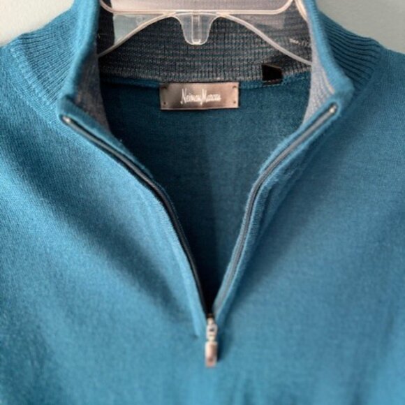 Neiman Marcus Sweater L Green Blue Merino Knit 1/4 Zip Ribbed Preppy Collegiate - Picture 3 of 6